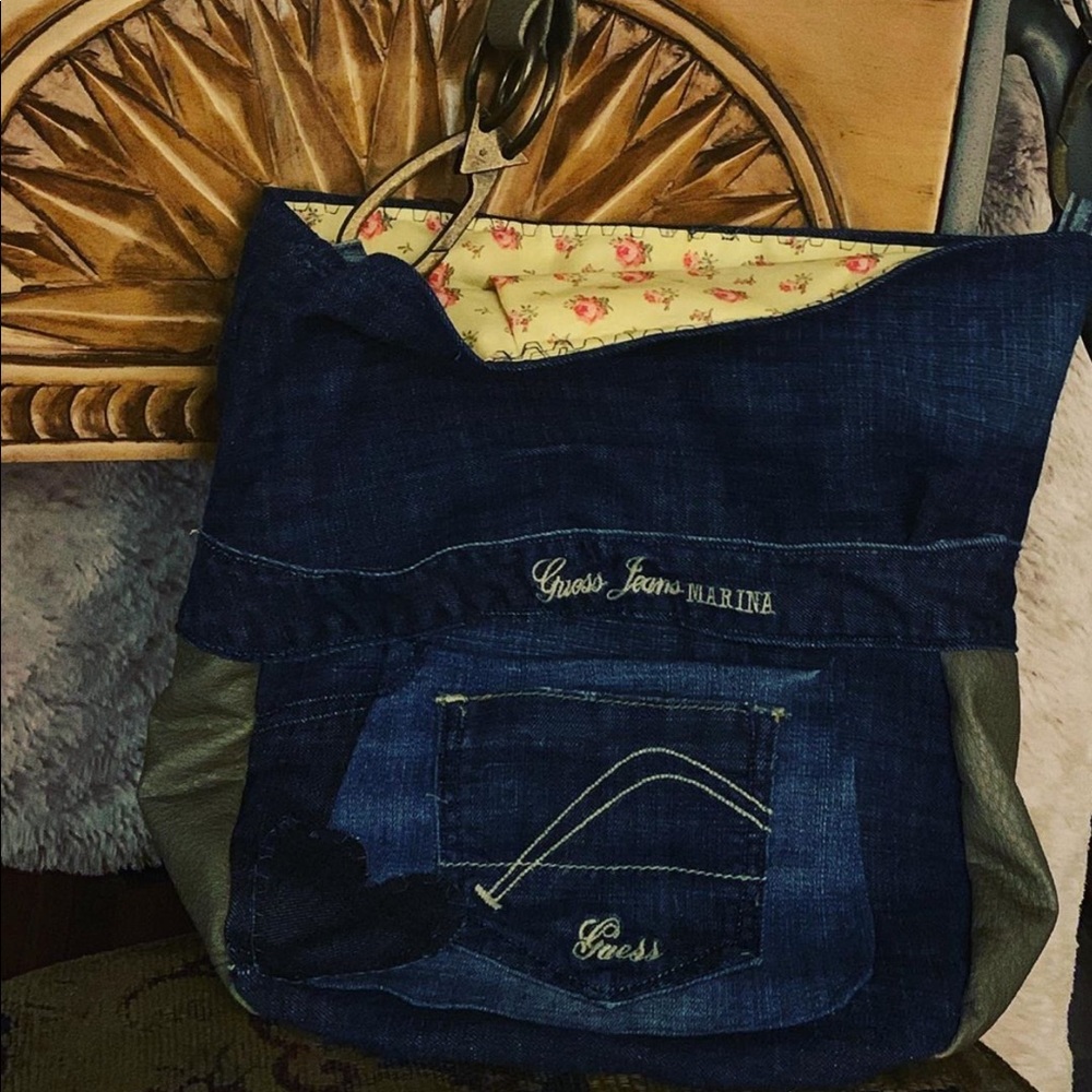 Yellow flower print guess jean hand bag